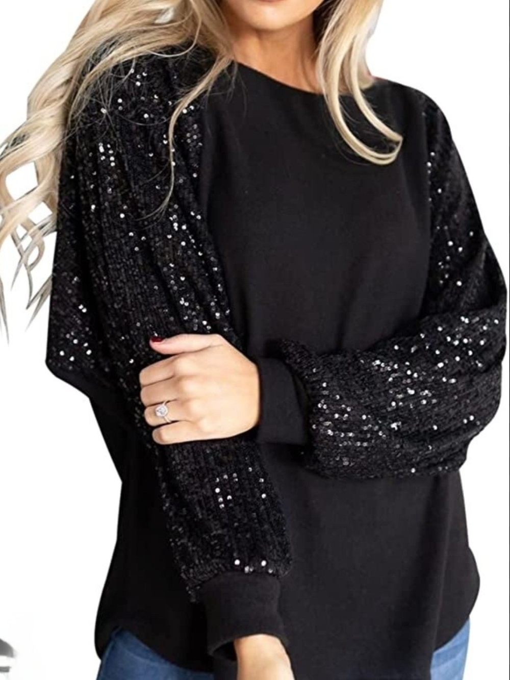 Adrianna Papell Black Crewneck Sweater with Sequin Sleeves - Picture 1 of 3